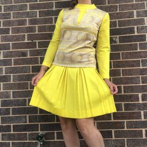 Vtg Mid Century Bright Yellow Pleated Sheath Dress S/M Long Sleeve Lester Paul